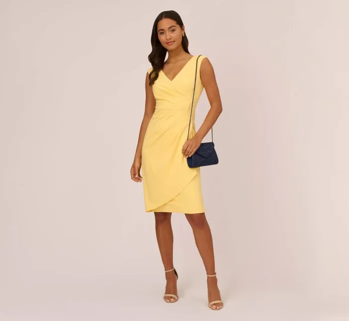 Midi Dresses Womens Adrianna Papell Crepe Sheath Dress With Draped Details In Warm Sun