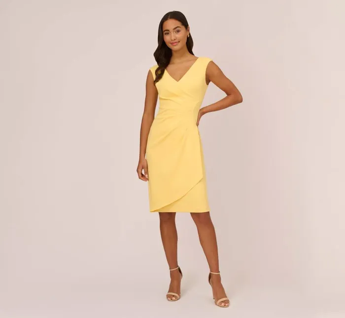 Midi Dresses Womens Adrianna Papell Crepe Sheath Dress With Draped Details In Warm Sun