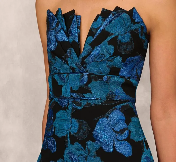 Midi Dresses Womens Adrianna Papell Floral Stretch Jacquard Strapless Midi Dress With Pleat Details In Blue Multi