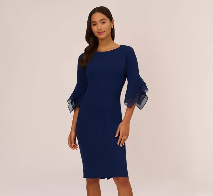 Midi Dresses Womens Adrianna Papell Knit Crepe And Organza Tiered Sleeve Dress In Navy Sateen Midi Dresses Womens Adrianna Papell Knit Crepe And Organza Tiered Sleeve Dress In Navy Sateen