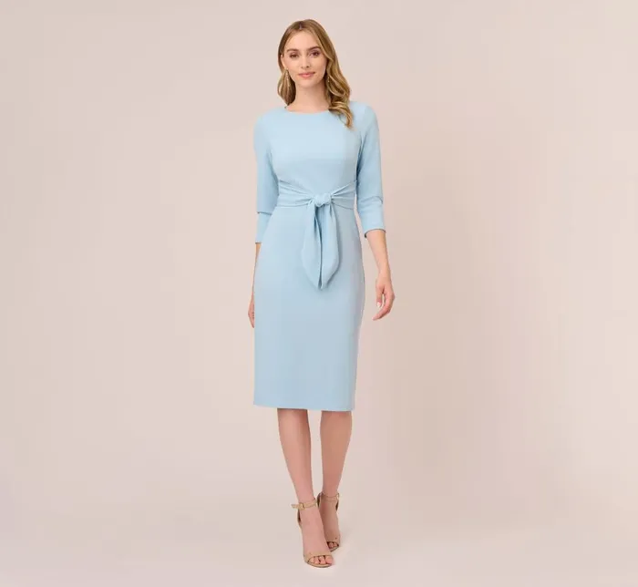 Midi Dresses Womens Adrianna Papell Knit Crepe Bow Sheath Dress With Three Quarter Sleeves In Blue Mist Midi Dresses Womens Adrianna Papell Knit Crepe Bow Sheath Dress With Three Quarter Sleeves In Blue Mist