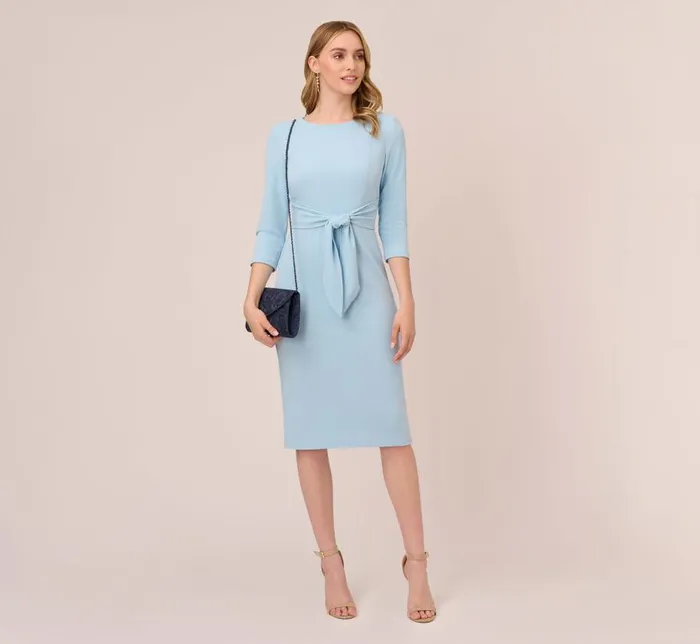 Midi Dresses Womens Adrianna Papell Knit Crepe Bow Sheath Dress With Three Quarter Sleeves In Blue Mist