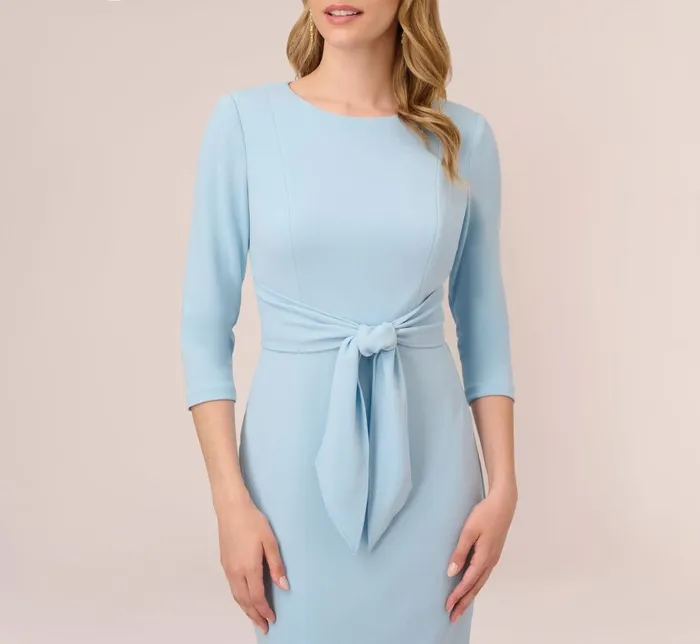 Midi Dresses Womens Adrianna Papell Knit Crepe Bow Sheath Dress With Three Quarter Sleeves In Blue Mist