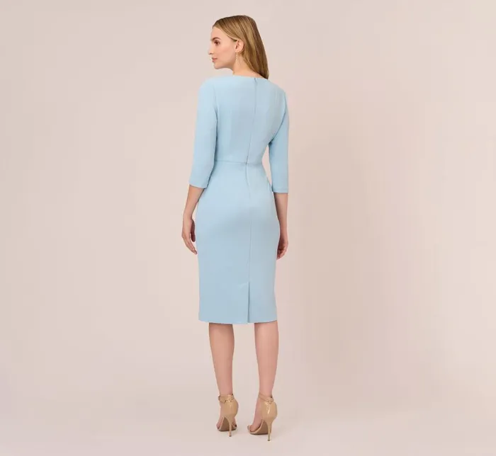 Midi Dresses Womens Adrianna Papell Knit Crepe Bow Sheath Dress With Three Quarter Sleeves In Blue Mist