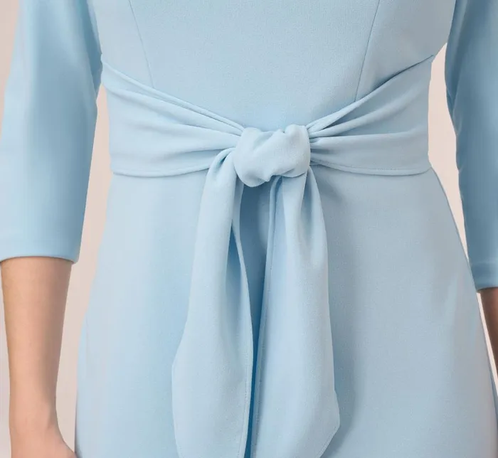 Midi Dresses Womens Adrianna Papell Knit Crepe Bow Sheath Dress With Three Quarter Sleeves In Blue Mist