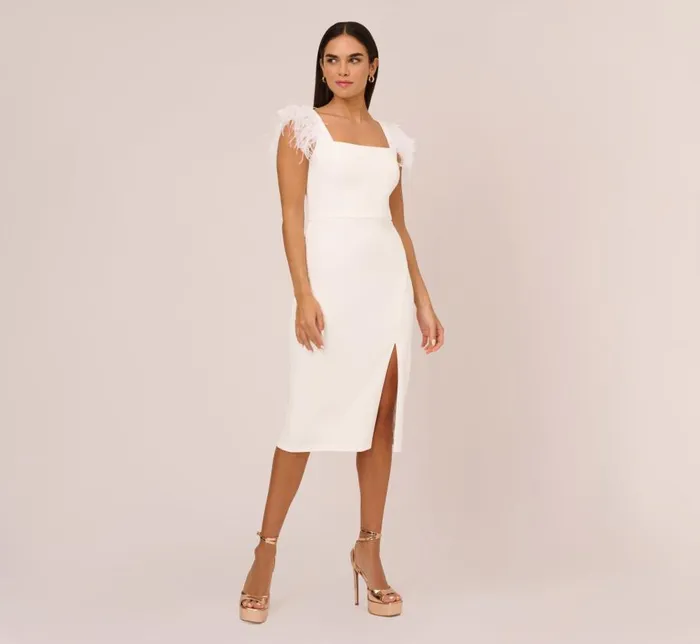 Midi Dresses Womens Adrianna Papell Knit Crepe Midi Dress With Feather Shoulder Accents In Ivory Midi Dresses Womens Adrianna Papell Knit Crepe Midi Dress With Feather Shoulder Accents In Ivory