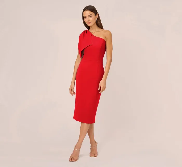 Midi Dresses Womens Adrianna Papell One Shoulder Midi Dress With Bow Accent In Red