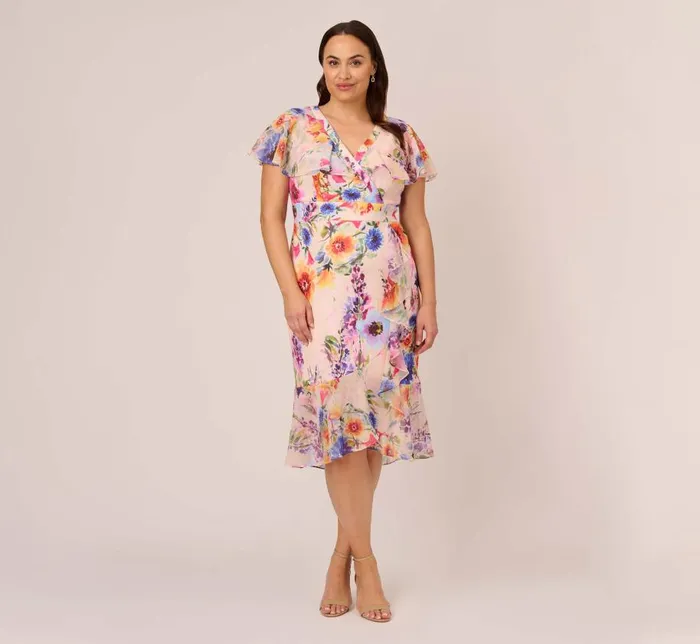 Midi Dresses Womens Adrianna Papell Plus Size FloralPrint Faux Wrap MidiLength Ruffled Dress With Flutter Sleeves In Praline Multi Midi Dresses Womens Adrianna Papell Plus Size FloralPrint Faux Wrap MidiLength Ruffled Dress With Flutter Sleeves In Praline Multi