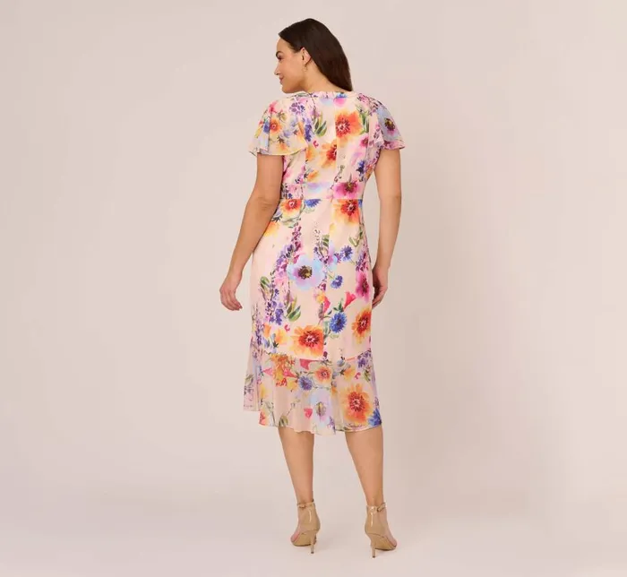 Midi Dresses Womens Adrianna Papell Plus Size FloralPrint Faux Wrap MidiLength Ruffled Dress With Flutter Sleeves In Praline Multi