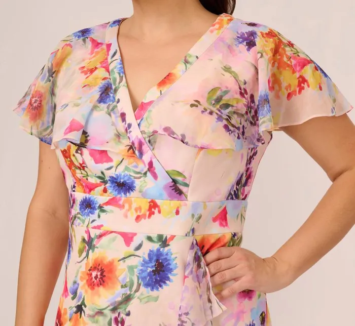 Midi Dresses Womens Adrianna Papell Plus Size FloralPrint Faux Wrap MidiLength Ruffled Dress With Flutter Sleeves In Praline Multi