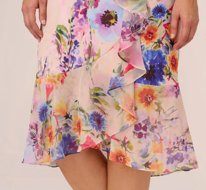 Midi Dresses Womens Adrianna Papell Plus Size FloralPrint Faux Wrap MidiLength Ruffled Dress With Flutter Sleeves In Praline Multi