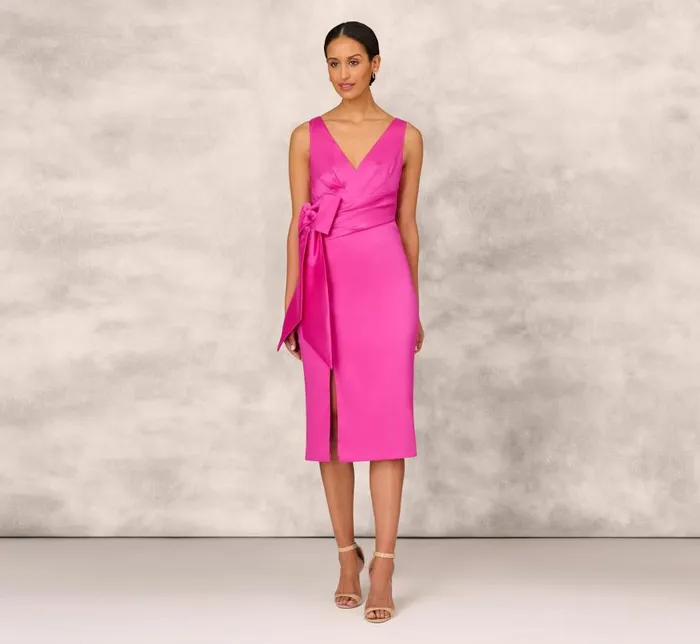 Midi Dresses Womens Adrianna Papell Shutter Pleat Satin Dress In Pink Flame