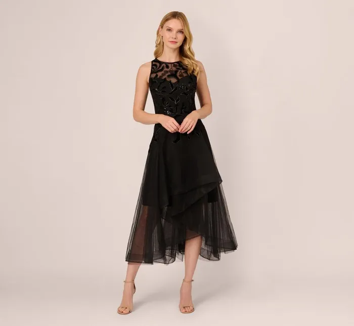 Midi Dresses Womens Adrianna Papell Tulle Halter Party Dress With Velvet Accents In Black Midi Dresses Womens Adrianna Papell Tulle Halter Party Dress With Velvet Accents In Black