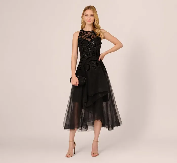 Midi Dresses Womens Adrianna Papell Tulle Halter Party Dress With Velvet Accents In Black