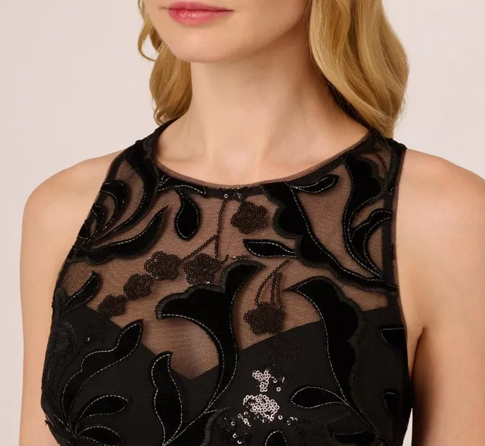 Midi Dresses Womens Adrianna Papell Tulle Halter Party Dress With Velvet Accents In Black