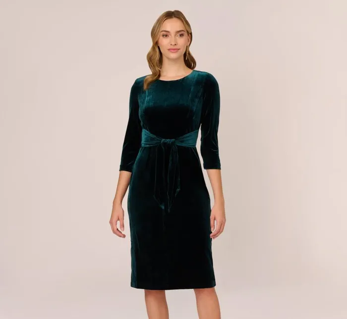 Midi Dresses Womens Adrianna Papell Velvet Tie Front Midi Dress With Three Quarter Sleeves In Hunter Midi Dresses Womens Adrianna Papell Velvet Tie Front Midi Dress With Three Quarter Sleeves In Hunter