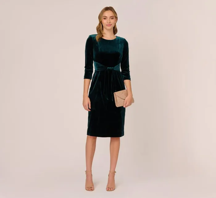 Midi Dresses Womens Adrianna Papell Velvet Tie Front Midi Dress With Three Quarter Sleeves In Hunter
