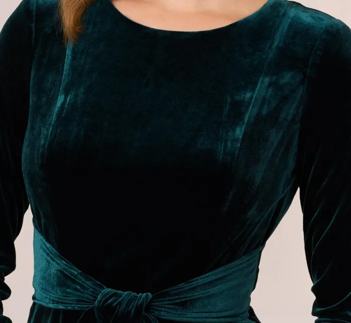 Midi Dresses Womens Adrianna Papell Velvet Tie Front Midi Dress With Three Quarter Sleeves In Hunter