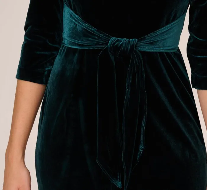 Midi Dresses Womens Adrianna Papell Velvet Tie Front Midi Dress With Three Quarter Sleeves In Hunter