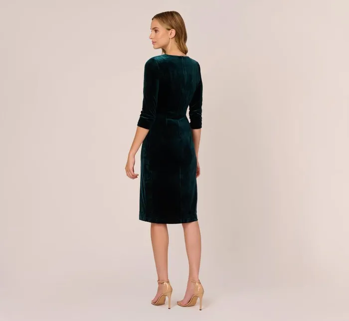 Midi Dresses Womens Adrianna Papell Velvet Tie Front Midi Dress With Three Quarter Sleeves In Hunter