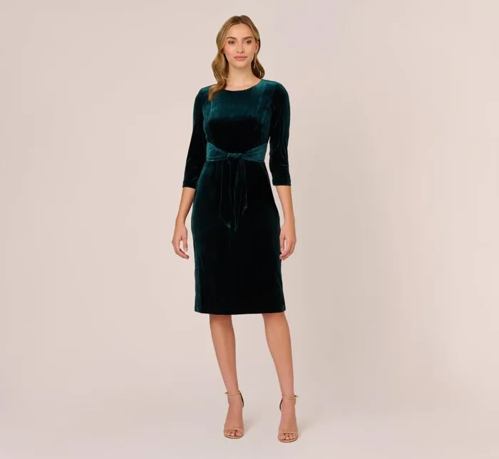 Midi Dresses Womens Adrianna Papell Velvet Tie Front Midi Dress With Three Quarter Sleeves In Hunter