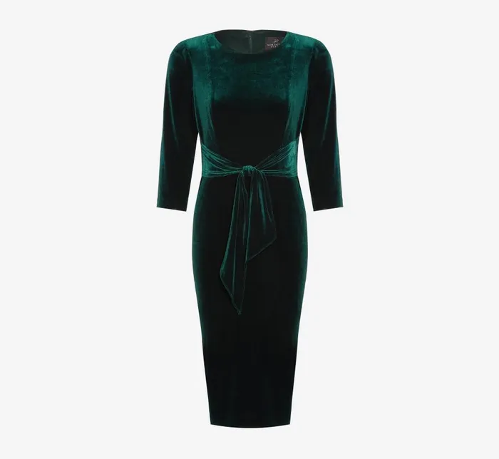Midi Dresses Womens Adrianna Papell Velvet Tie Front Midi Dress With Three Quarter Sleeves In Hunter