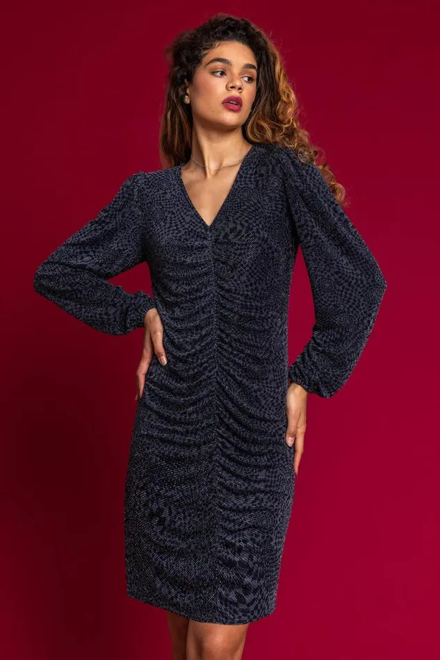 Midnight Blue Shimmer Abstract Print Ruched Dress Women Roman Dresses