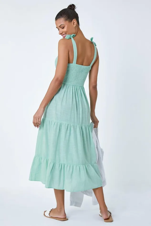 Mink Shirred Tie Cotton Tiered Midi Dress Women Roman Dresses