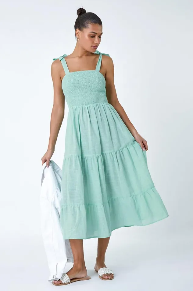 Mink Shirred Tie Cotton Tiered Midi Dress Women Roman Dresses