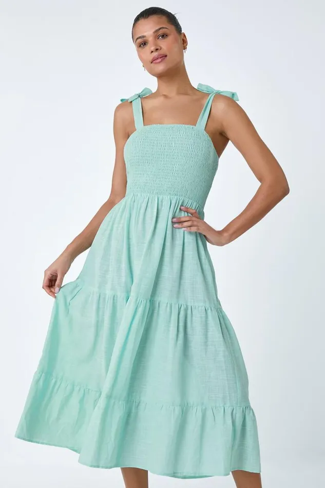 Mink Shirred Tie Cotton Tiered Midi Dress Women Roman Dresses