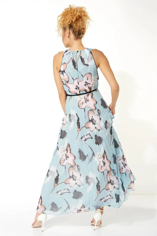 Mint Floral Halter Neck Pleated Maxi Dress Women Roman Dresses