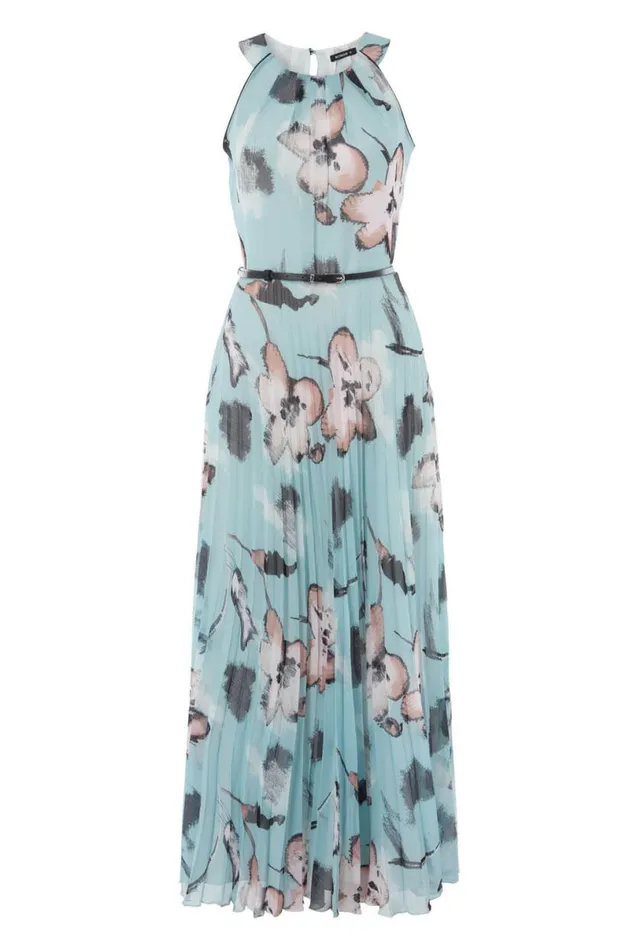 Mint Floral Halter Neck Pleated Maxi Dress Women Roman Dresses