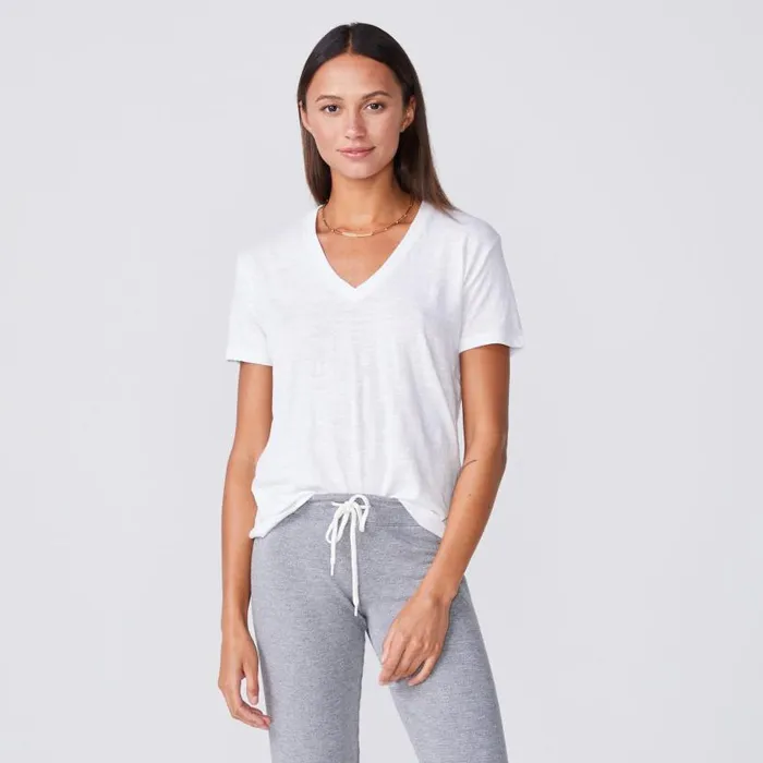 MONROW Tees Textured Triblend Relaxed V Neck Tee 8211 White Color 8211 Women