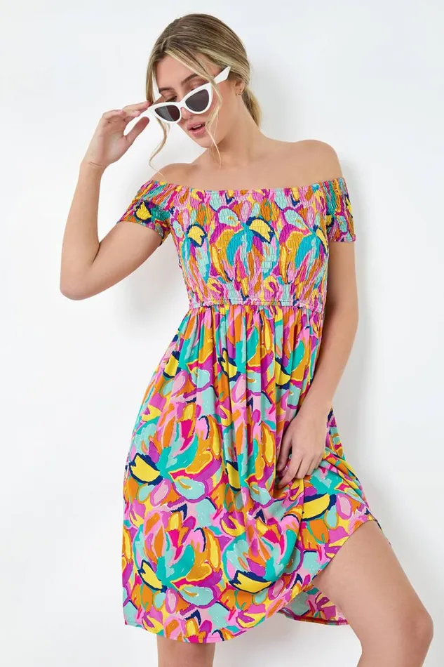 Multi Abstract Shirred Bardot Pocket Dress Women Roman Dresses