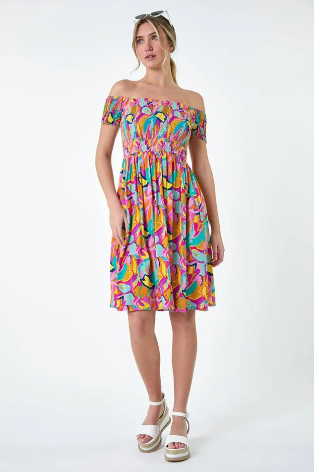 Multi Abstract Shirred Bardot Pocket Dress Women Roman Dresses