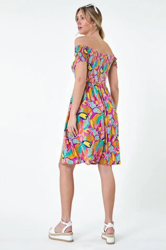 Multi Abstract Shirred Bardot Pocket Dress Women Roman Dresses