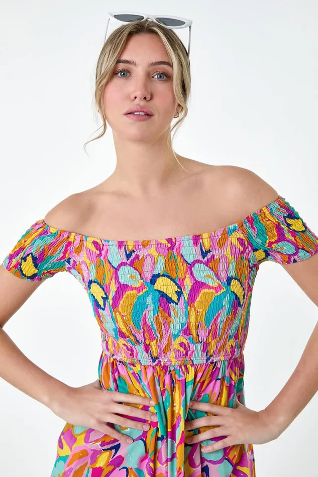 Multi Abstract Shirred Bardot Pocket Dress Women Roman Dresses
