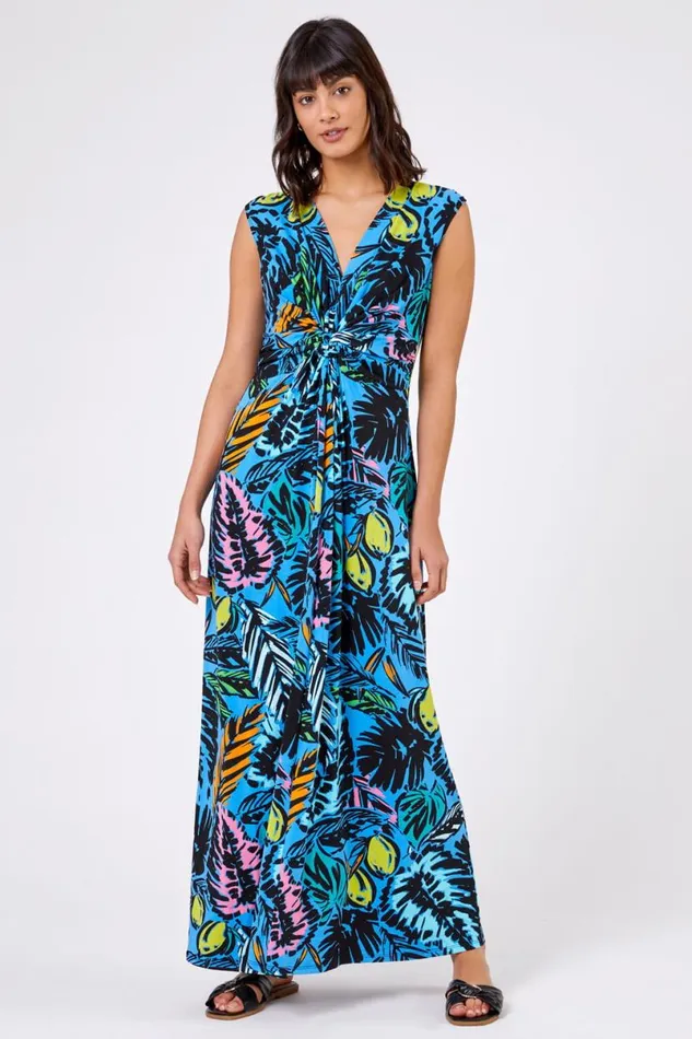 Multi Blue Palm Print Twist Waist Maxi Dress Women Roman Dresses