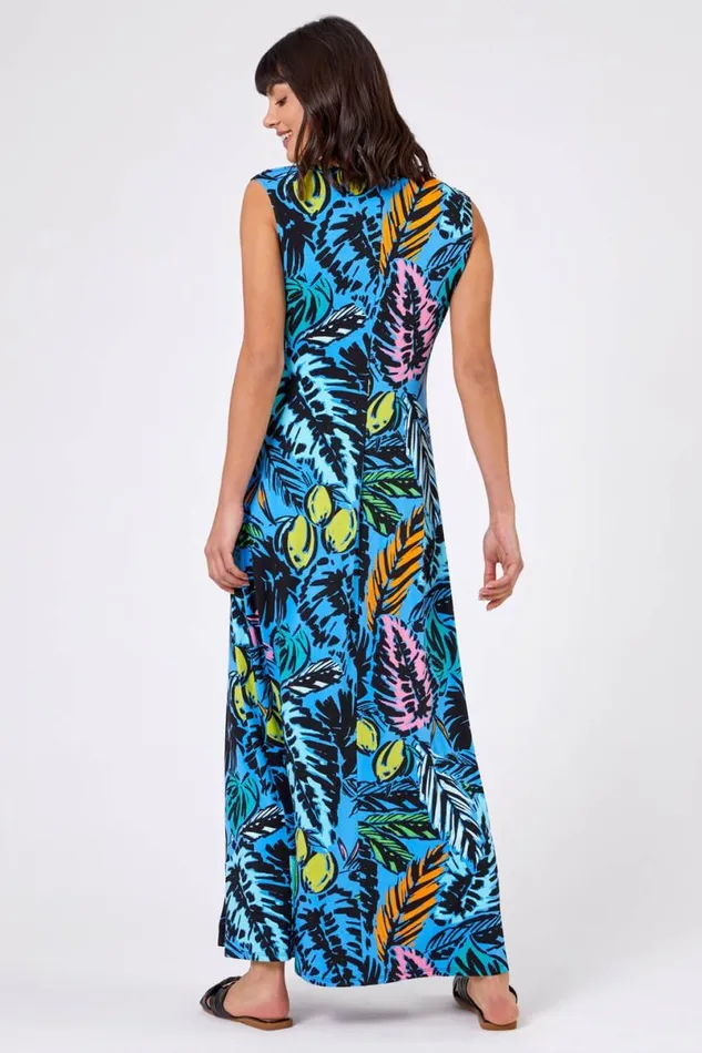 Multi Blue Palm Print Twist Waist Maxi Dress Women Roman Dresses