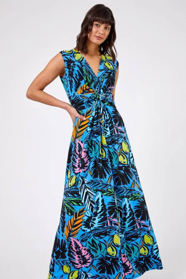 Multi Blue Palm Print Twist Waist Maxi Dress Women Roman Dresses