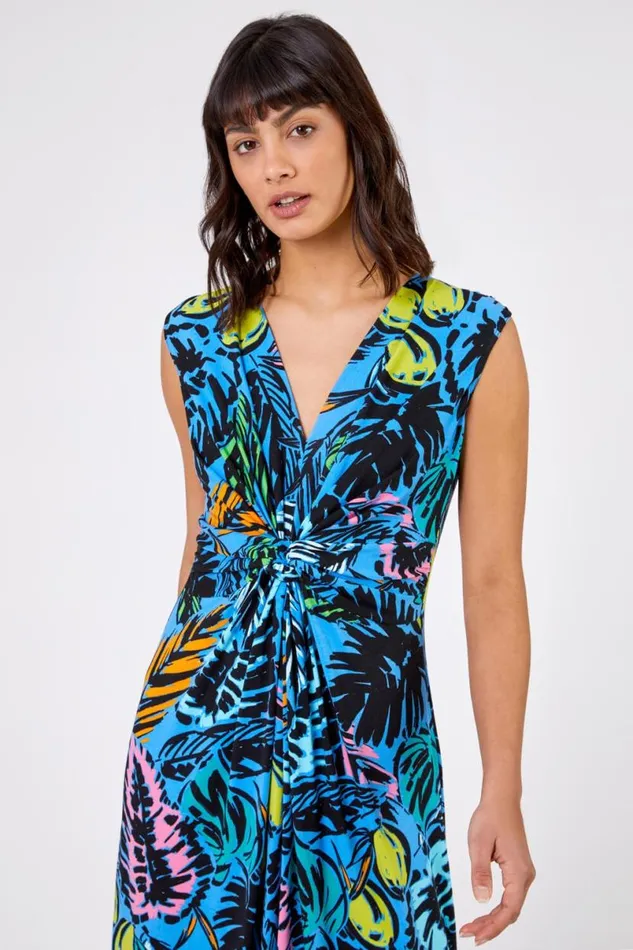 Multi Blue Palm Print Twist Waist Maxi Dress Women Roman Dresses