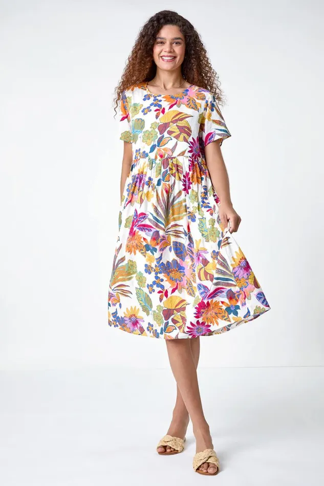 Multi Floral Print Cotton Midi Dress Women Roman Dresses