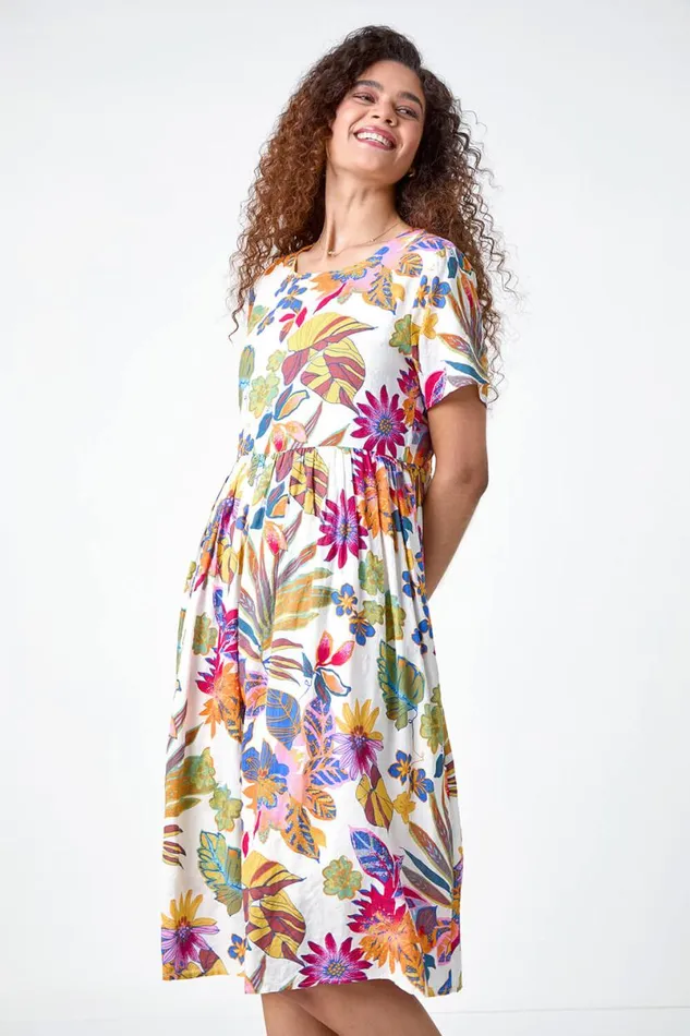 Multi Floral Print Cotton Midi Dress Women Roman Dresses
