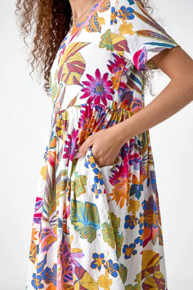 Multi Floral Print Cotton Midi Dress Women Roman Dresses