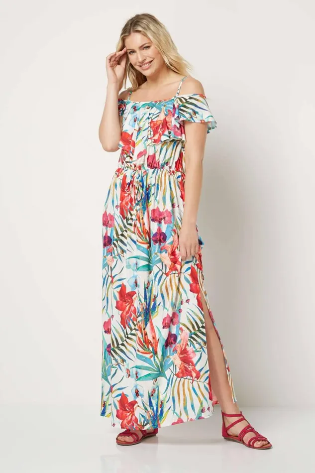 Multi Tropical Frill Maxi Dress Women Roman Dresses