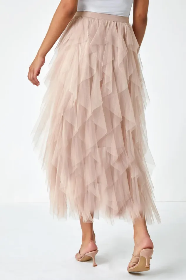 Natural Elastic Waist Mesh Layered A Line Skirt Women Roman Occasionwear