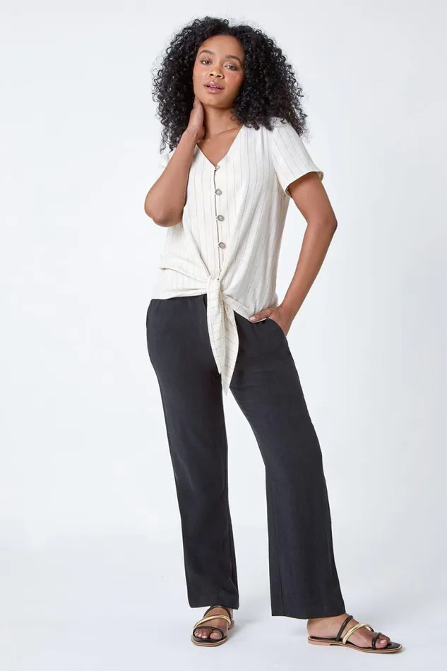 Natural Petite Linen Pinstripe Button Through VNeck Top Women Roman Tops
