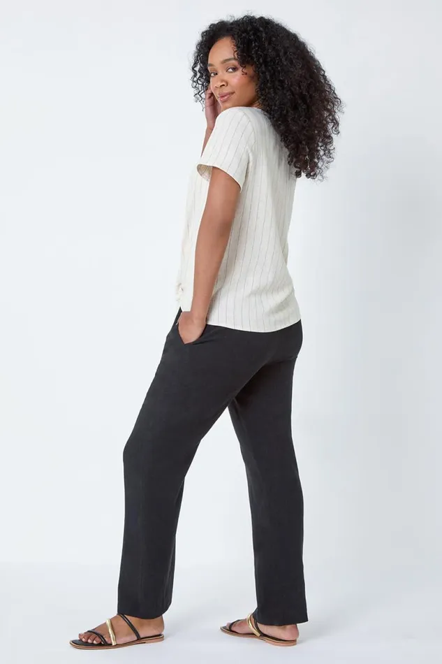 Natural Petite Linen Pinstripe Button Through VNeck Top Women Roman Tops
