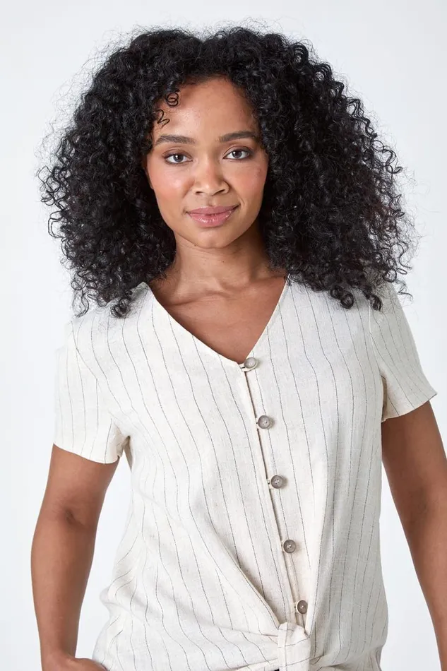 Natural Petite Linen Pinstripe Button Through VNeck Top Women Roman Tops