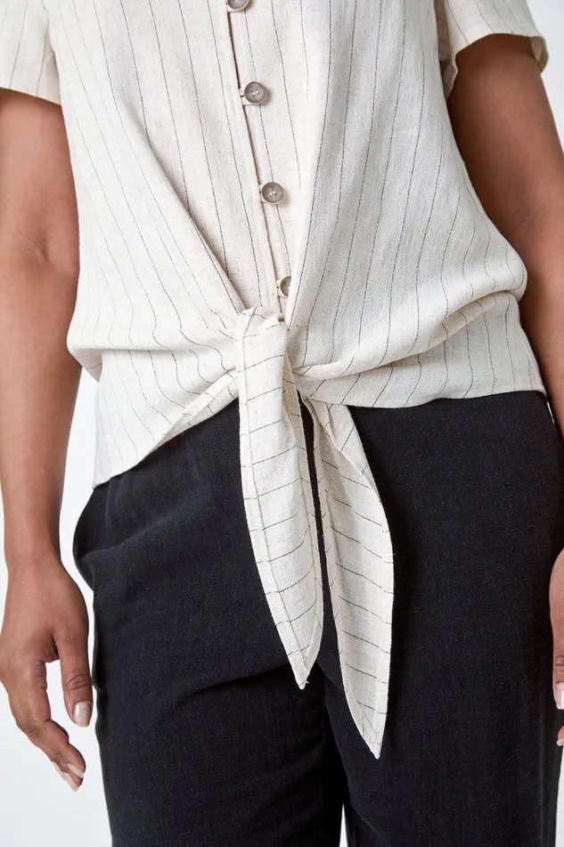 Natural Petite Linen Pinstripe Button Through VNeck Top Women Roman Tops